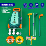 Kids golf set includes a cart, three clubs, balls, two target hoops, and two decorative flags.