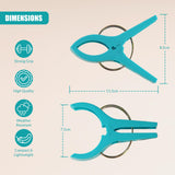 Two teal claw-style clips are shown with diagrams detailing their length and width dimensions.