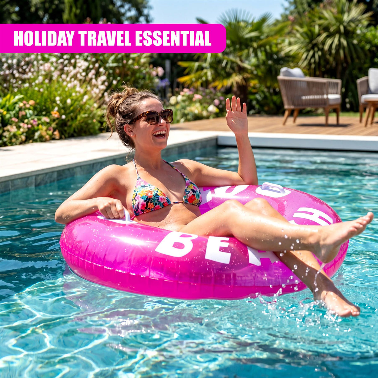 A woman floats in a swimming pool on a large, inflatable pink ring.