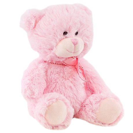 A soft, plush teddy bear with a fluffy pink fur, big round eyes, and a cute pink nose. - UKBuyZone