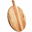 Natural wood cutting board with striped grain pattern, oval shape and cut out handle. - UKBuyZone