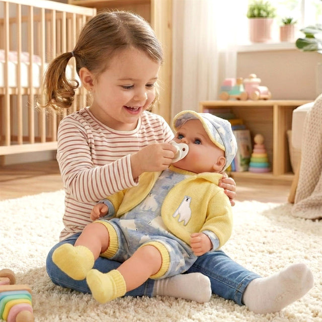Girl holding a yellow baby doll with pacifier, wearing blue jeans and a striped shirt.