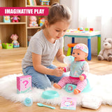 A girl plays with a doll and various accessories, including a bottle and a pink surprise box.