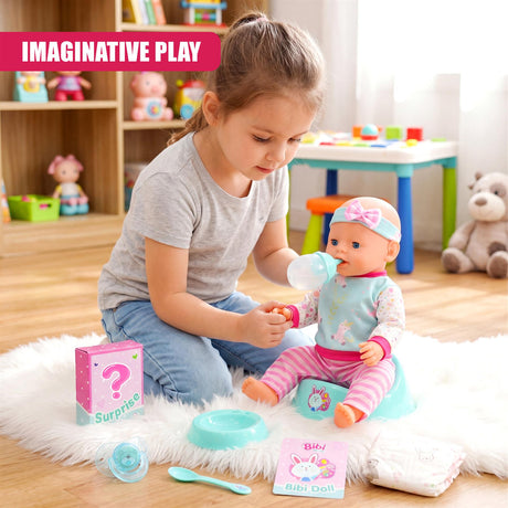 A girl plays with a doll and various accessories, including a bottle and a pink surprise box.