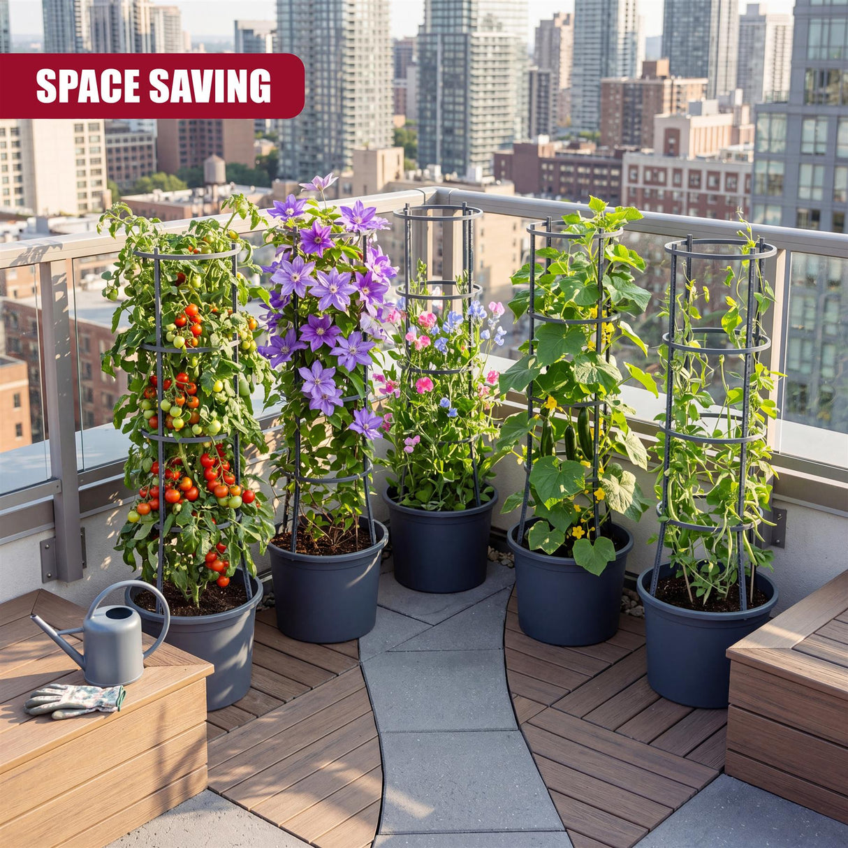 Tiered vertical planters hold tomatoes, purple flowers, and green leafy plants on an urban balcony.
