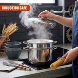 Hand places a lid on a pot of boiling spaghetti pasta on a stove surface.