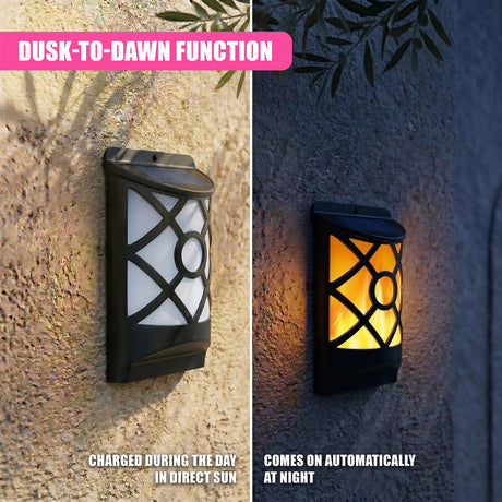 Two views of a black outdoor lantern showing unlit daylight and activated evening illumination.