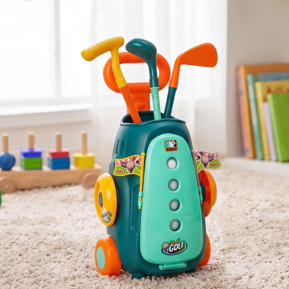 A teal golf cart holds multiple colorful plastic clubs, including mallets, woods, and drivers.