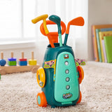 A teal golf cart holds multiple colorful plastic clubs, including mallets, woods, and drivers.