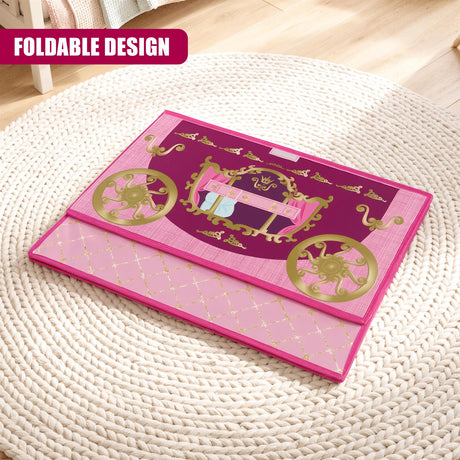 A pink and purple foldable toy storage box with a princess carriage design sits on a white woven mat