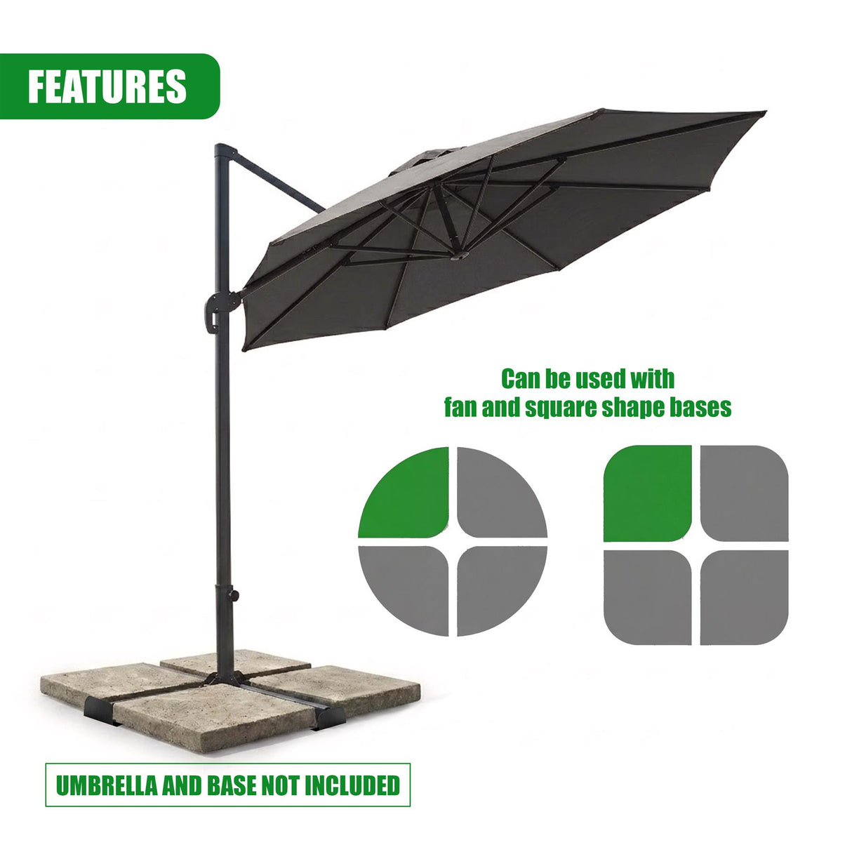 Metal stand with an attached dark canopy, showing options for square and fan shaped bases.