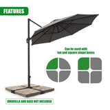 Metal stand with an attached dark canopy, showing options for square and fan shaped bases.