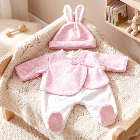 Pink bunny outfit set includes a hat, patterned top, and white romper with pink leg accents.