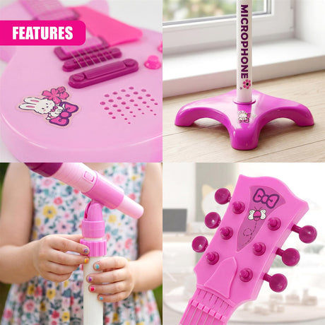 Collage showing a pink playset with a music board, microphone stand, and guitar toy.