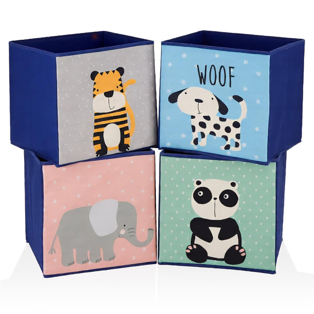 Set of four colorful animal-themed storage boxes, each adorned with a different character from the animal kingdom. Each box features a unique, cute design and comes in a matching fabric bag for easy transport or storage. The set includes a lion, dog, elephant, and panda, making it perfect for organizing small items or children's toys. - UKBuyZone