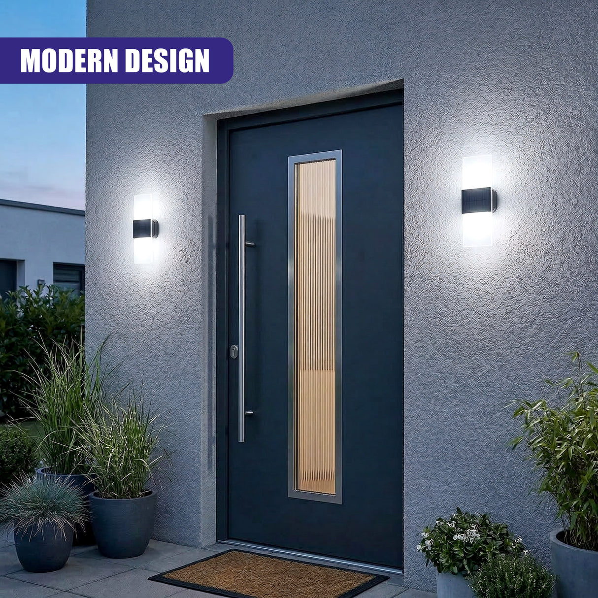Two rectangular wall sconces illuminate a dark entryway on a textured gray wall.
