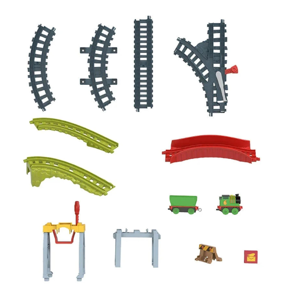 Multiple grey and green train track pieces, curves, straight sections, and small rolling stock models.