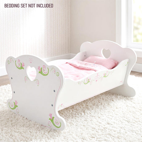 White wooden doll crib with heart cutouts, featuring pink and green floral accents.