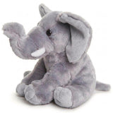 Plush light gray elephant toy sitting upright with its trunk gently extended.