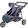 Twin doll stroller with patterned blue fabric, black handle, and three wheels.