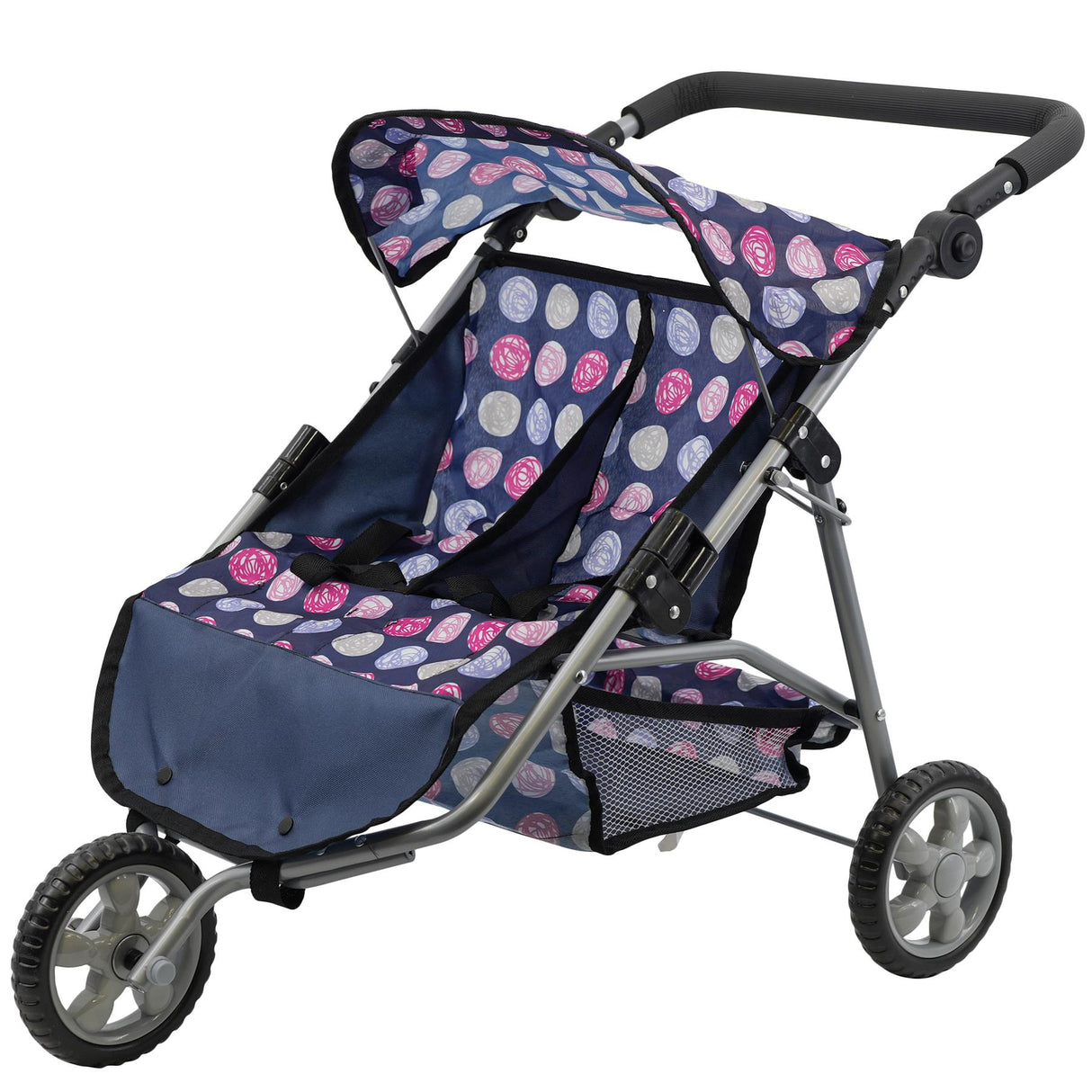 Twin doll stroller with patterned blue fabric, black handle, and three wheels.