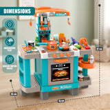 Multi-component teal and white playset featuring a stove, sink, and countertop for imaginative play.