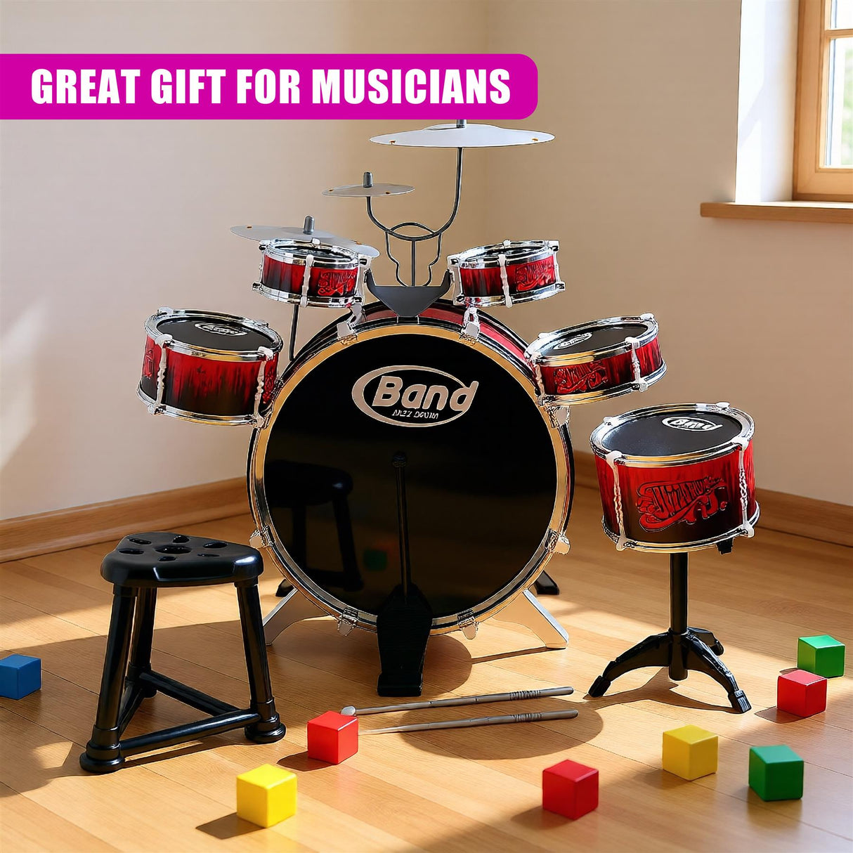 Kids 10 Piece Drum Kit With Stool