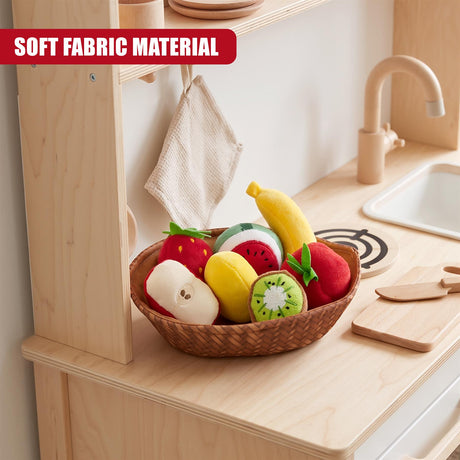 Fabric Fruit Basket Toy Set from The Magic Toy Shop, featuring soft plush fruits including apple, banana, tomato, watermelon