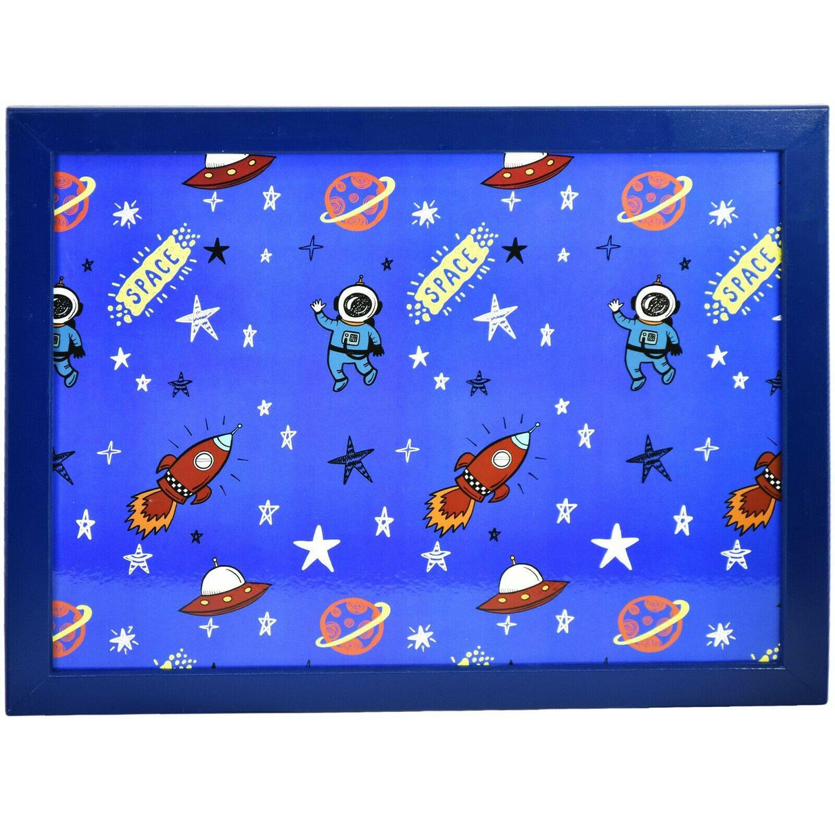 A vibrant, blue-colored tray featuring an out-of-this-world design, with illustrations of astronauts, rockets, and spaceships in various colors, set against a starry, night sky background. - UKBuyZone