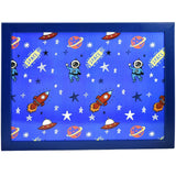A vibrant, blue-colored tray featuring an out-of-this-world design, with illustrations of astronauts, rockets, and spaceships in various colors, set against a starry, night sky background. - UKBuyZone
