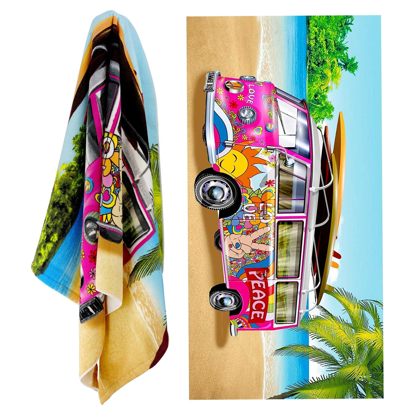 Pink Summer Bus Design Large Towel by Geezy - UKBuyZone