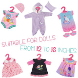 "A collection of baby clothes with different patterns and sizes, suitable for various doll types. Set includes six unique designs: two pink dresses, two striped onesies, one animal print jumpsuit, and one unicorn-themed outfit. Each piece is labeled with its size in centimeters (12" - 16")." - UKBuyZone