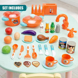 Toy kitchen playset includes pots, pans, play food items, utensils, and accessories.