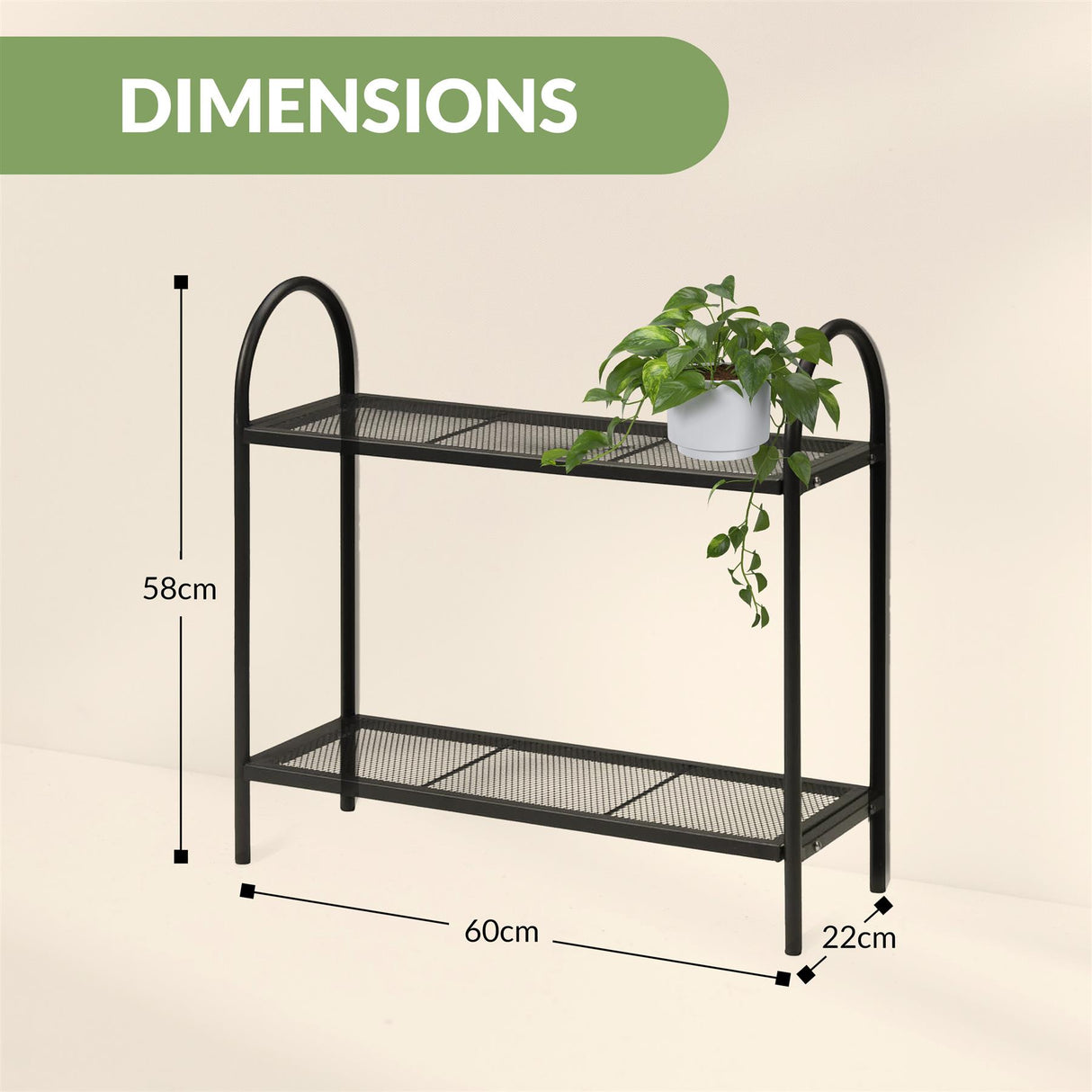 A black metal plant stand with shelves, measuring 60 cm x 31.5 cm x 193.5 cm in dimensions.