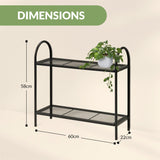 A black metal plant stand with shelves, measuring 60 cm x 31.5 cm x 193.5 cm in dimensions.