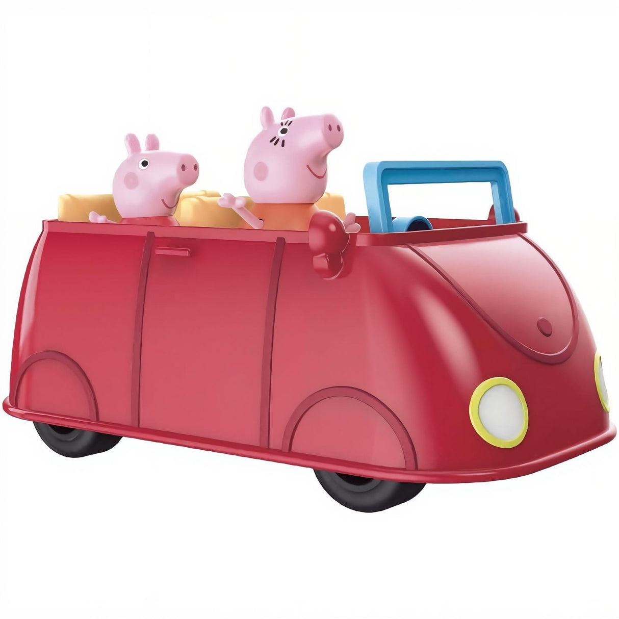 Red toy car featuring three plastic pig figures seated in the front and rear seats.