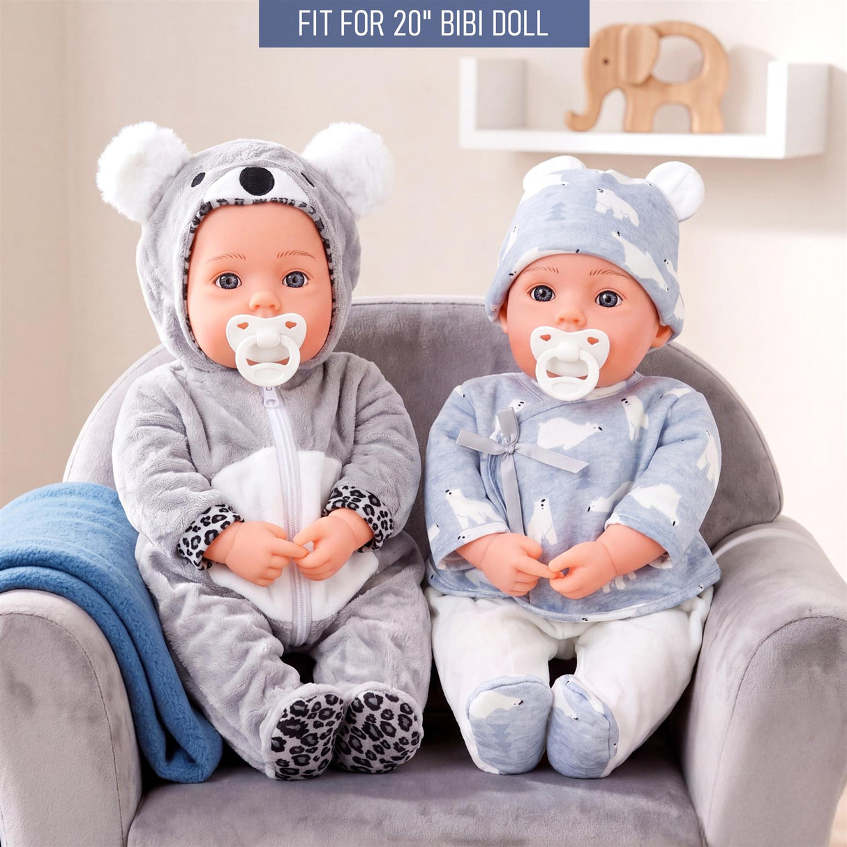 A set of doll outfits featuring polar bear and spotted animal designs.