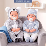 A set of doll outfits featuring polar bear and spotted animal designs.