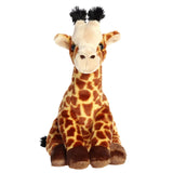 Plush giraffe toy featuring a spotted pattern, dark muzzle, and plush dark brown hooves.