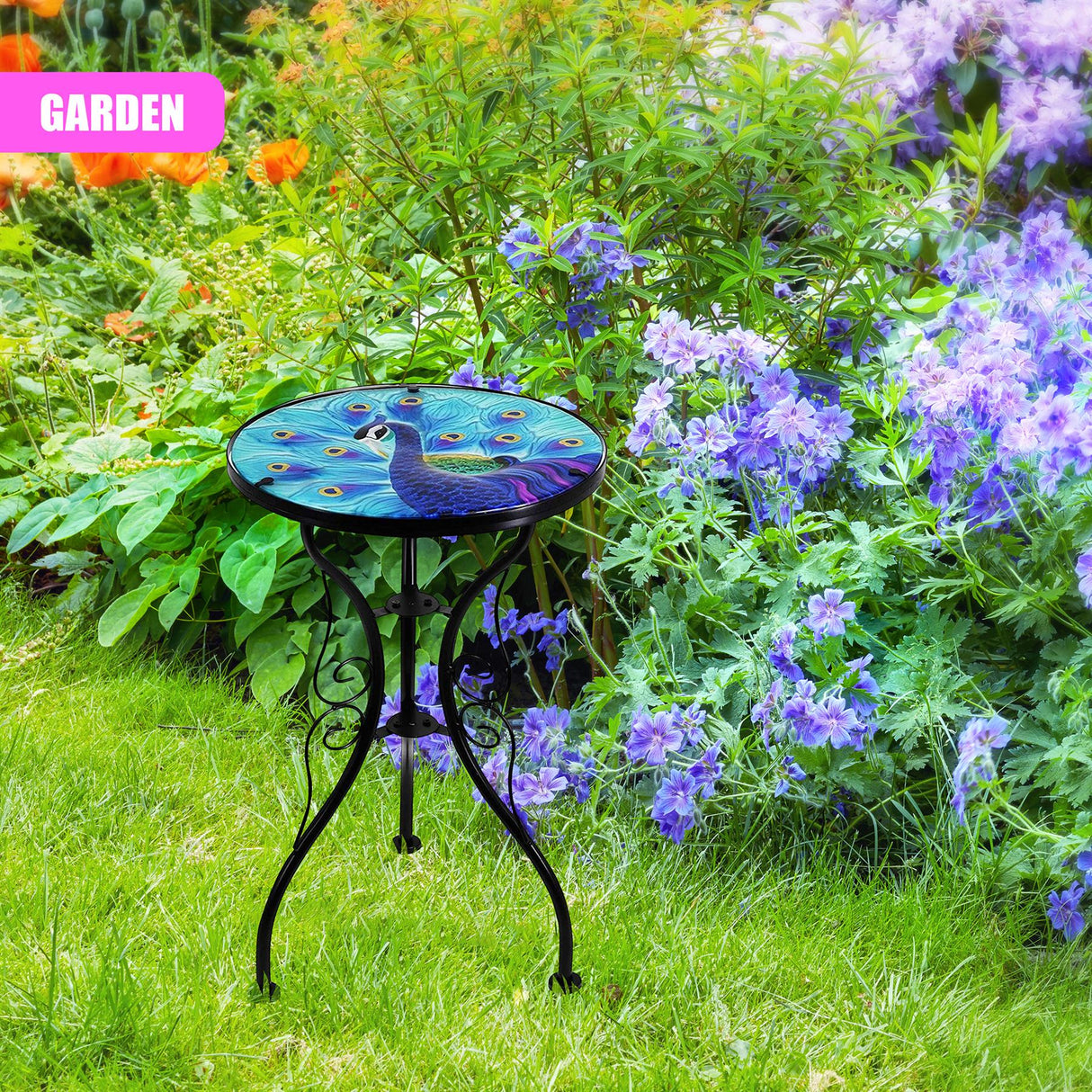 Round Side Mosaic Garden Table With Blue Peacock Design by Geezy - UKBuyZone