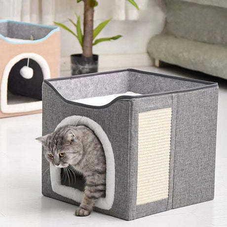"Cat house with cat playing inside, grey fur on house exterior and interior." - UKBuyZone