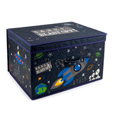 The Magic Toy Shop Blast Off large storage box with a space-themed design featuring stars, planets, rockets and UFOs on dark