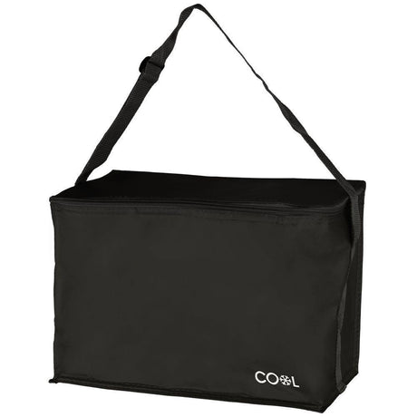 Small black cooler with a handle on top.