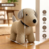 Crocheted dog door stopper displayed next to a white door, with dimensions marked as 28 by 12 cm.