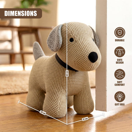 Crocheted dog door stopper displayed next to a white door, with dimensions marked as 28 by 12 cm.