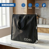 Black insulated shopping bag with a handle and logo. Dimensions are marked 35 cm wide, 39 cm high, and 18 cm deep.