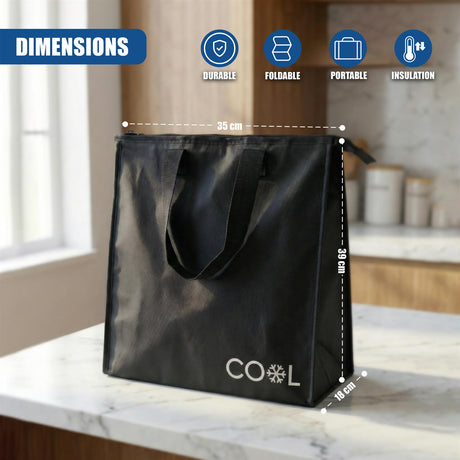 Black insulated shopping bag with a handle and logo. Dimensions are marked 35 cm wide, 39 cm high, and 18 cm deep.