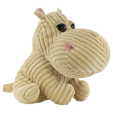 A beige corduroy hippo door stopper with pink nose and ears sitting against a white background