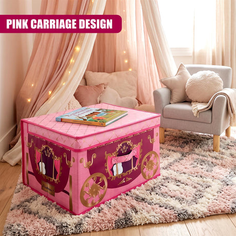 Pink carriage design large storage box with books on top, placed on a fluffy rug in front of a pink canopy bed and armchair