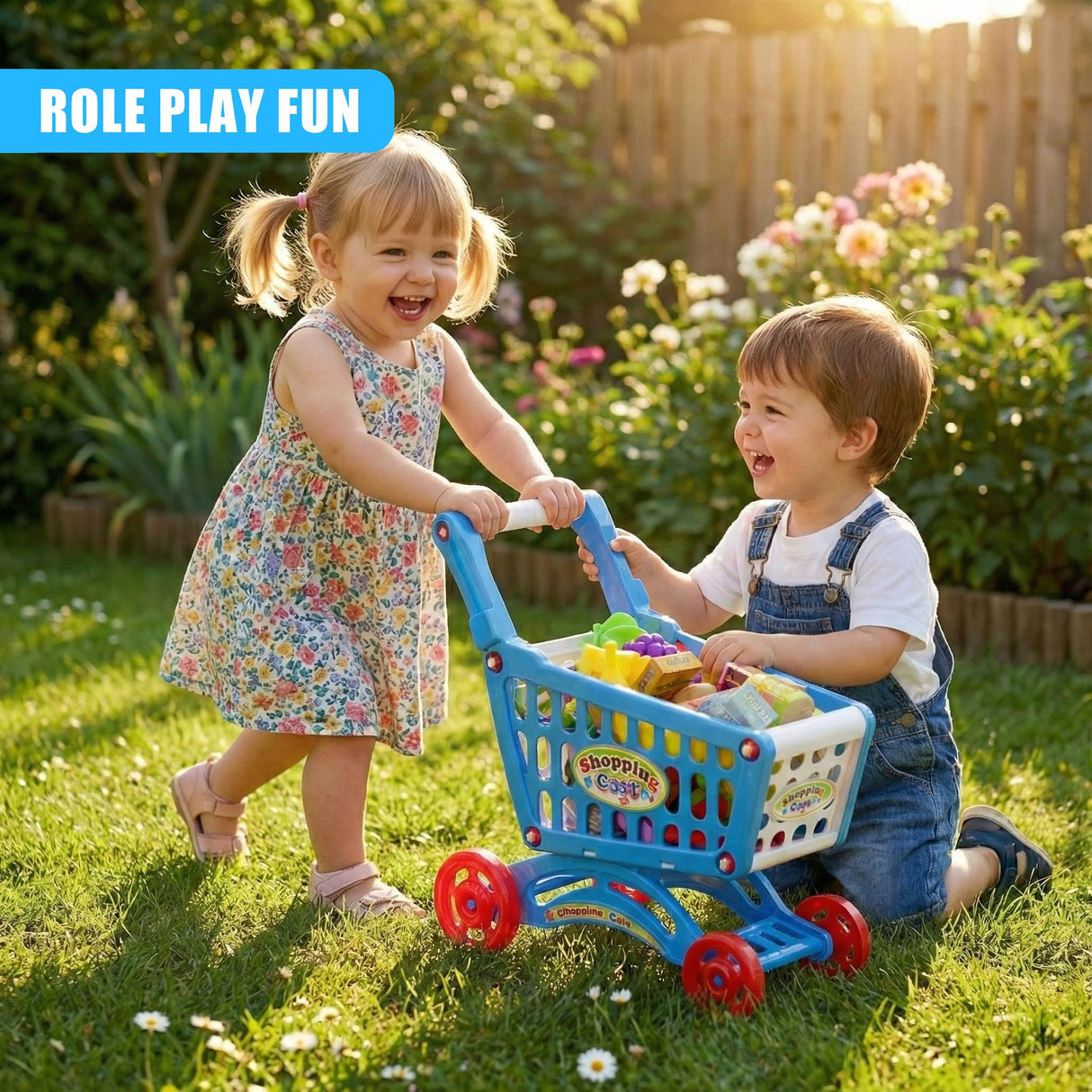 "Toy shopping cart with play food, great for pretend play. Two children enjoying a sunny day." - UKBuyZone